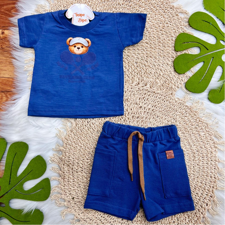  Conj. Camiseta Baby Bear Team e Bermuda - Azul Jeans